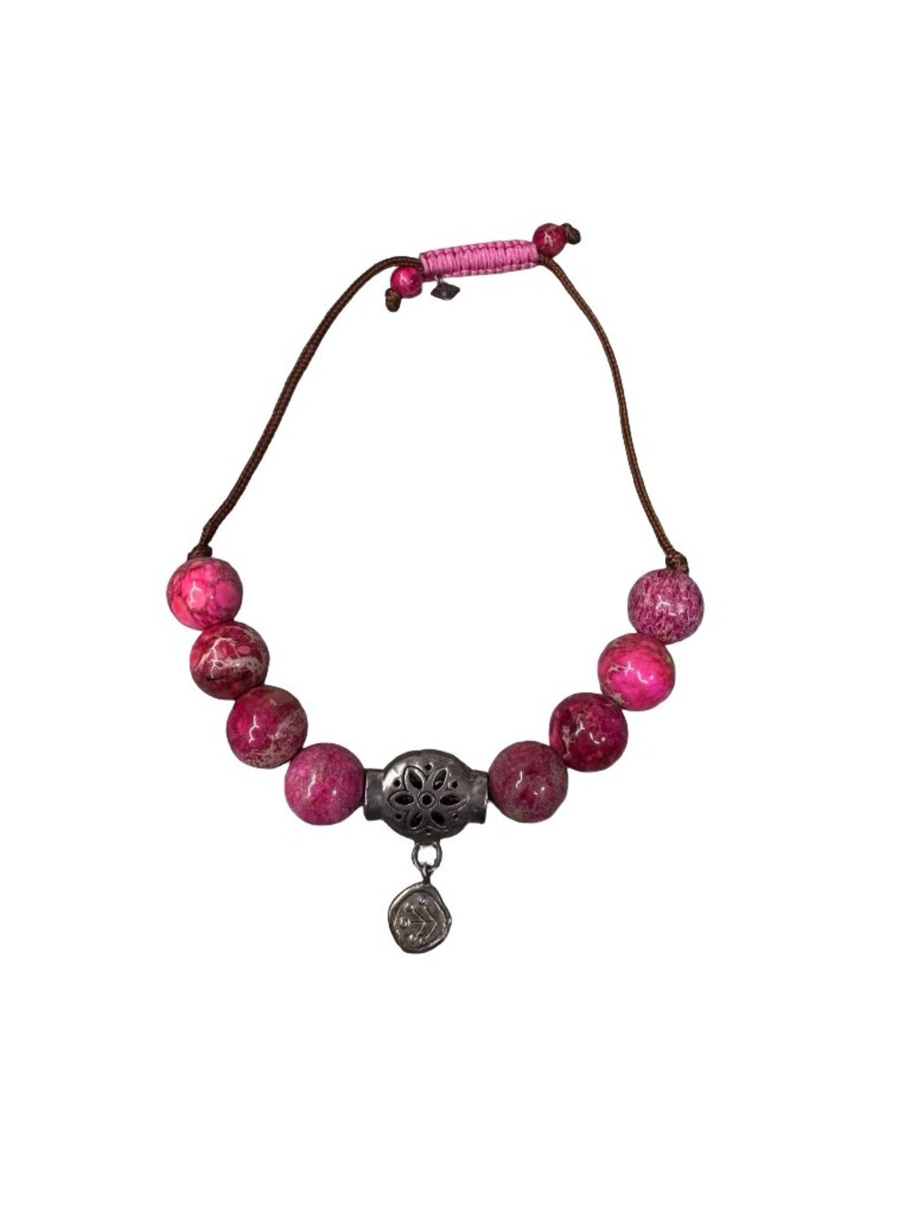 Silpada Fuschia Jasper Best Trend Beaded Bracelet Sterling Silver Flower Charm A